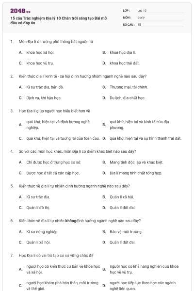 15 câu Trắc nghiệm Địa lý 10 Chân trời sáng tạo Bài mở đầu có đáp án