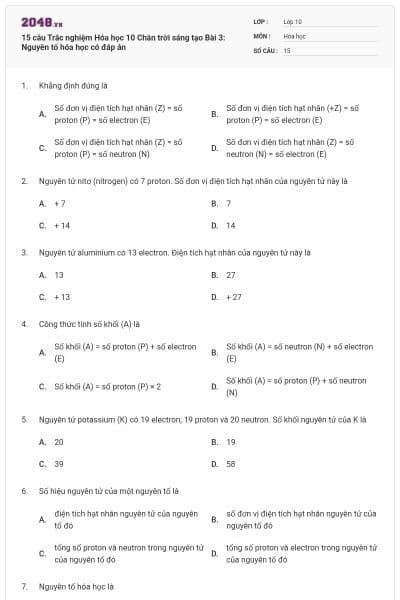 15 câu Trắc nghiệm Hóa học 10 Chân trời sáng tạo Bài 3: Nguyên tố hóa học có đáp án