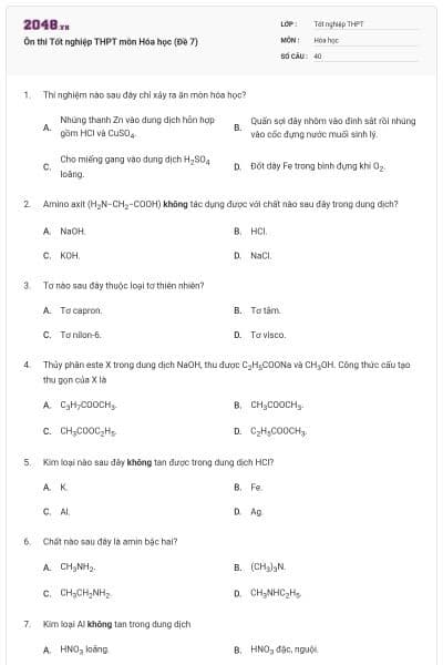 Ôn thi Tốt nghiệp THPT môn Hóa học (Đề 7)