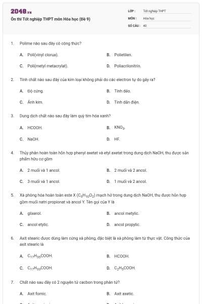 Ôn thi Tốt nghiệp THPT môn Hóa học (Đề 9)