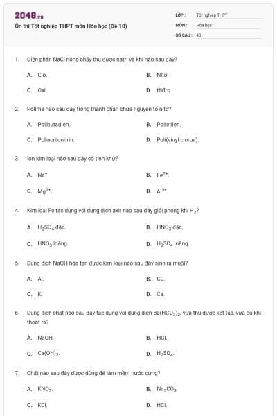 Ôn thi Tốt nghiệp THPT môn Hóa học (Đề 10)
