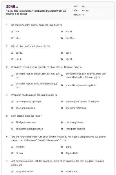 15 câu Trắc nghiệm Hóa 11 Kết nối tri thức Bài 22: Ôn tập chương 5 có đáp án
