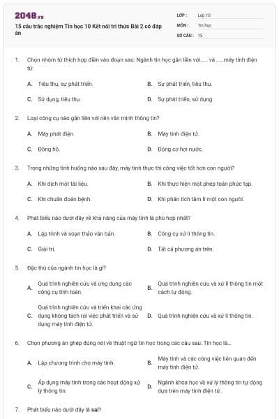 15 câu trắc nghiệm Tin học 10 Kết nối tri thức Bài 2 có đáp án