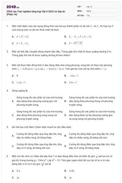 2020 câu Trắc nghiệm tổng hợp Vật lí 2023 có đáp án (Phần 16)
