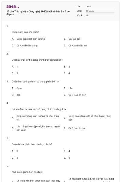 15 câu Trắc nghiệm Công nghệ 10 Kết nối tri thức Bài 7 có đáp án