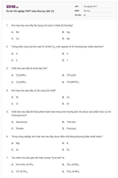 Ôn thi Tốt nghiệp THPT môn Hóa học (Đề 12)
