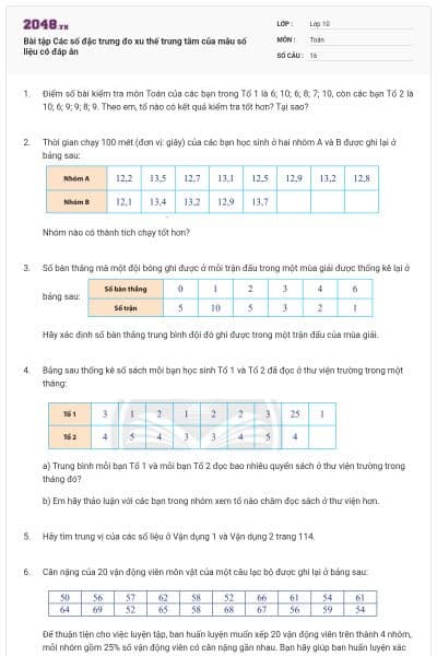 Bài tập Các số đặc trưng đo xu thế trung tâm của mẫu số liệu có đáp án