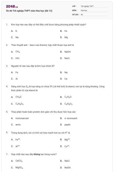 Ôn thi Tốt nghiệp THPT môn Hóa học (Đề 13)
