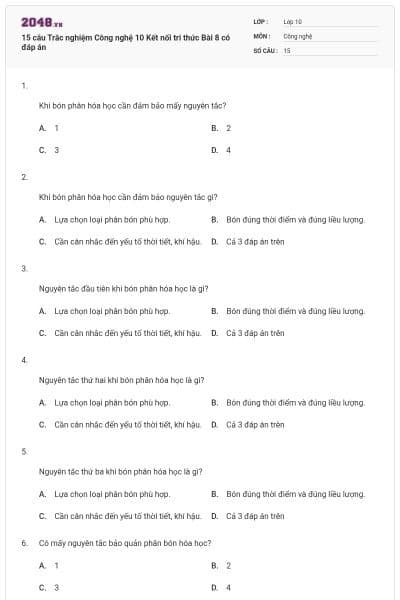 15 câu Trắc nghiệm Công nghệ 10 Kết nối tri thức Bài 8 có đáp án