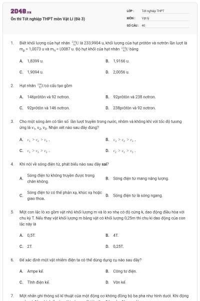 Ôn thi Tốt nghiệp THPT môn Vật Lí (Đề 3)