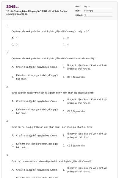 15 câu Trắc nghiệm Công nghệ 10 Kết nối tri thức Ôn tập chương 3 có đáp án