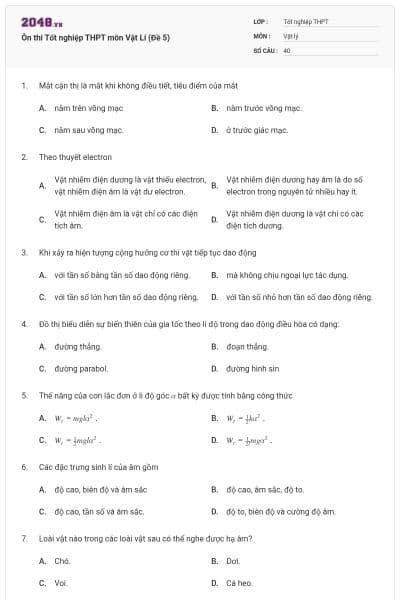Ôn thi Tốt nghiệp THPT môn Vật Lí (Đề 5)