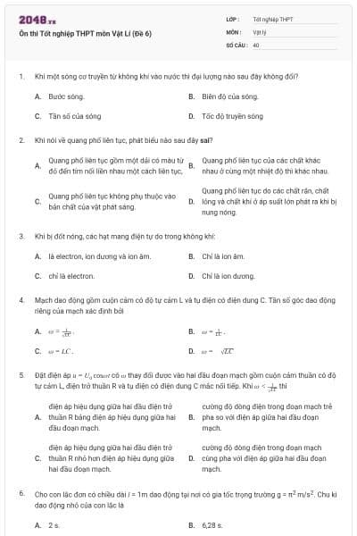 Ôn thi Tốt nghiệp THPT môn Vật Lí (Đề 6)