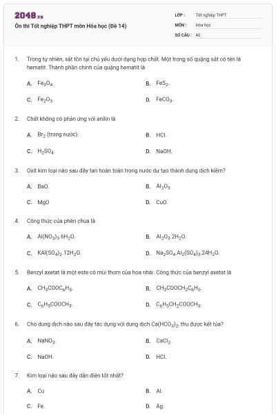 Ôn thi Tốt nghiệp THPT môn Hóa học (Đề 14)