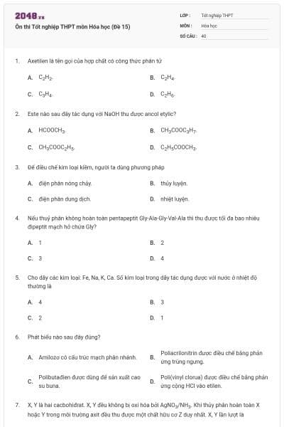 Ôn thi Tốt nghiệp THPT môn Hóa học (Đề 15)