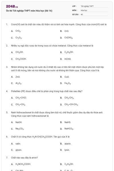 Ôn thi Tốt nghiệp THPT môn Hóa học (Đề 16)