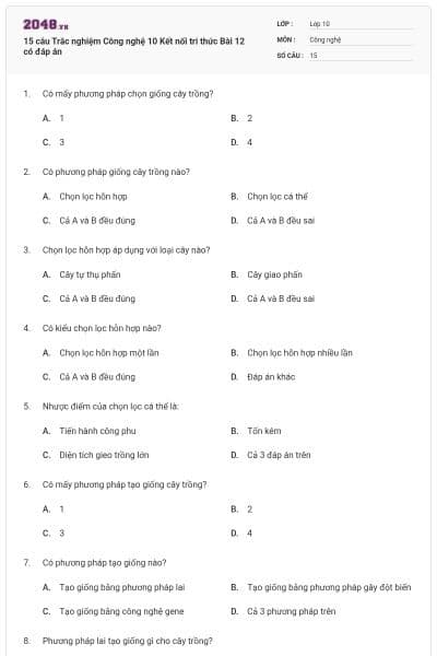 15 câu Trắc nghiệm Công nghệ 10 Kết nối tri thức Bài 12 có đáp án