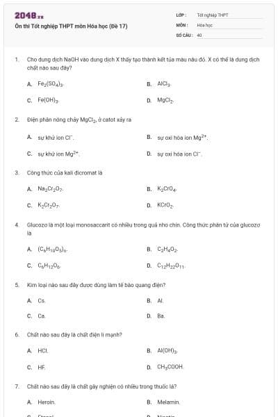 Ôn thi Tốt nghiệp THPT môn Hóa học (Đề 17)
