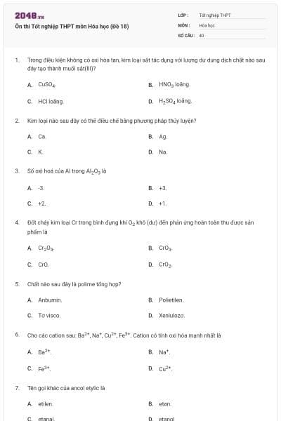 Ôn thi Tốt nghiệp THPT môn Hóa học (Đề 18)