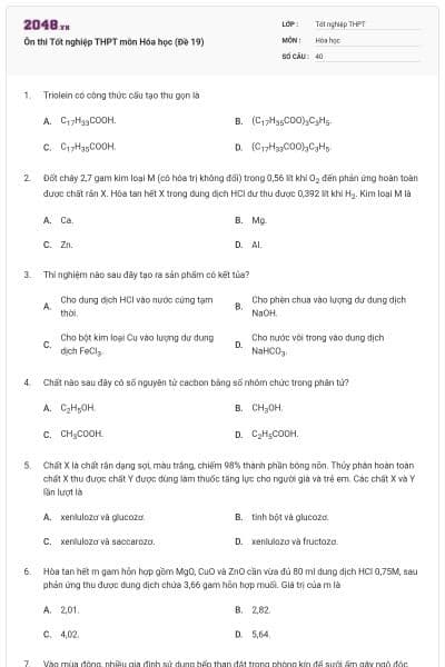 Ôn thi Tốt nghiệp THPT môn Hóa học (Đề 19)