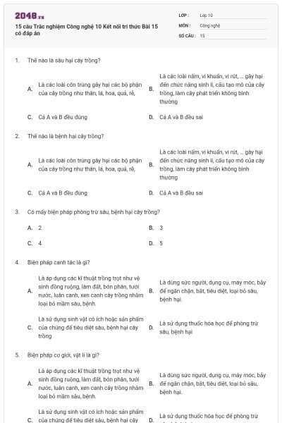 15 câu Trắc nghiệm Công nghệ 10 Kết nối tri thức Bài 15 có đáp án