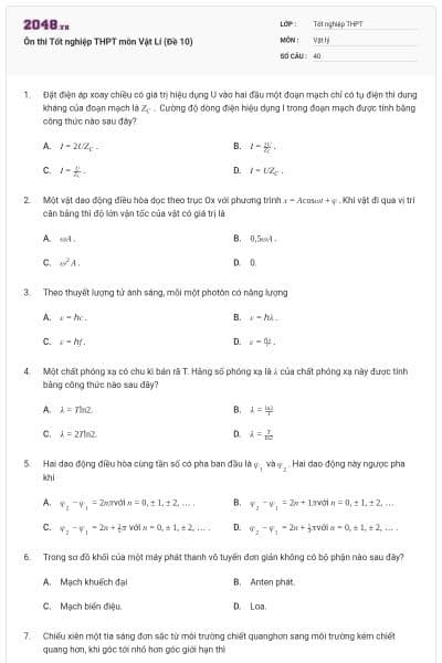 Ôn thi Tốt nghiệp THPT môn Vật Lí (Đề 10)
