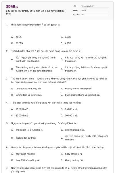 240 Bài thi thử TPTQG 2019 môn Địa lí cực hay có lời giải (P2)