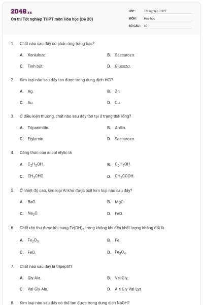 Ôn thi Tốt nghiệp THPT môn Hóa học (Đề 20)