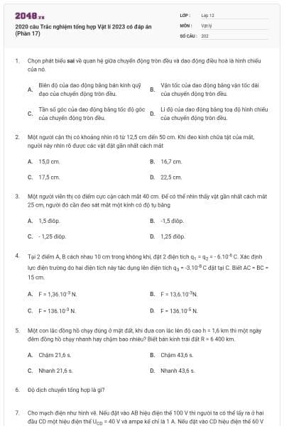 2020 câu Trắc nghiệm tổng hợp Vật lí 2023 có đáp án (Phần 17)