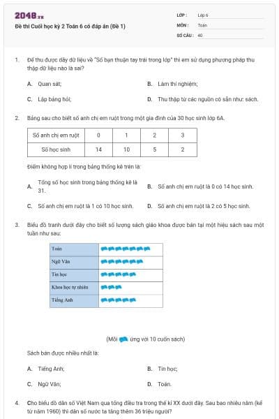 Đề thi Cuối học kỳ 2 Toán 6 có đáp án (Đề 1)