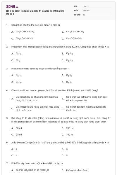 Bộ 6 Đề kiểm tra Giữa kì 2 Hóa 11 có đáp án (Mới nhất) - Đề số 5