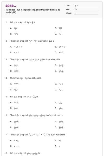 10 Bài tập Thực hiện phép cộng, phép trừ phân thức đại số (có lời giải)