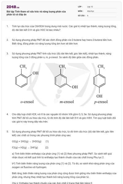 Bài tập Tính tham số cấu trúc và năng lượng phân của phân tử có đáp án