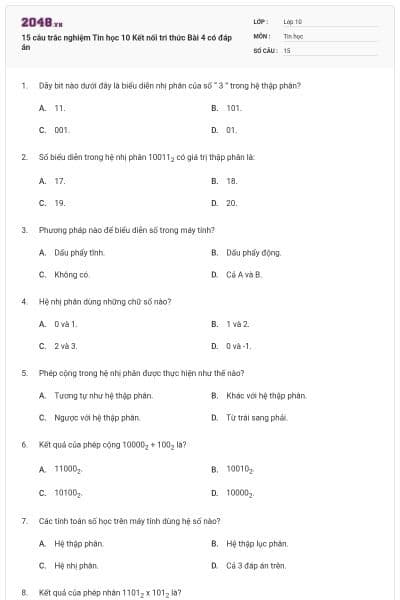 15 câu trắc nghiệm Tin học 10 Kết nối tri thức Bài 4 có đáp án