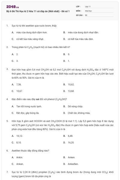 Bộ 6 Đề Thi Học kì 2 Hóa 11 có đáp án (Mới nhất) - Đề số 1