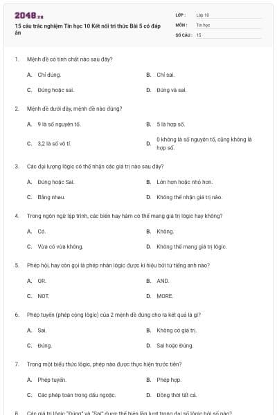 15 câu trắc nghiệm Tin học 10 Kết nối tri thức Bài 5 có đáp án