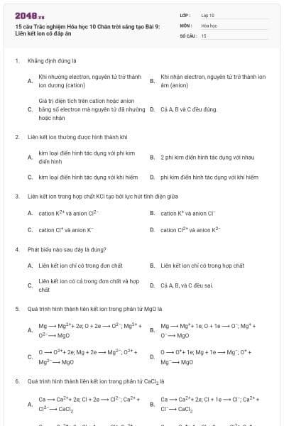 15 câu Trắc nghiệm Hóa học 10 Chân trời sáng tạo Bài 9: Liên kết ion có đáp án