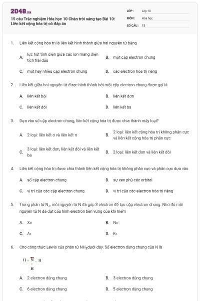 15 câu Trắc nghiệm Hóa học 10 Chân trời sáng tạo Bài 10: Liên kết cộng hóa trị có đáp án