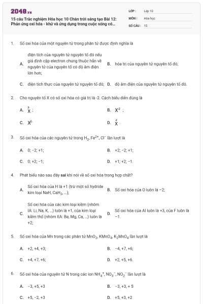 15 câu Trắc nghiệm Hóa học 10 Chân trời sáng tạo Bài 12: Phản ứng oxi hóa - khử và ứng dụng trong cuộc sống có đáp án
