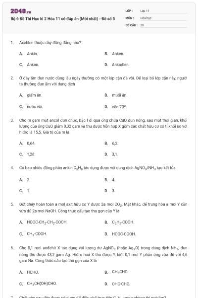 Bộ 6 Đề Thi Học kì 2 Hóa 11 có đáp án (Mới nhất) - Đề số 5