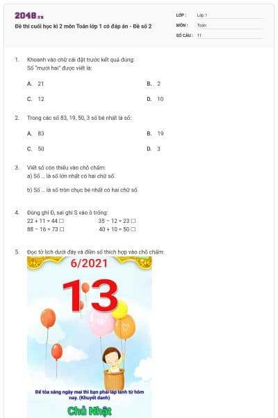 Đề thi cuối học kì 2 môn Toán lớp 1 có đáp án - Đề số 2