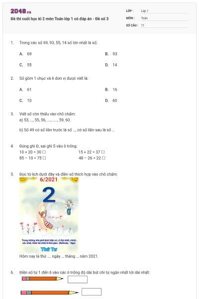 Đề thi cuối học kì 2 môn Toán lớp 1 có đáp án - Đề số 3