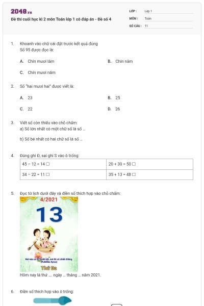 Đề thi cuối học kì 2 môn Toán lớp 1 có đáp án - Đề số 4