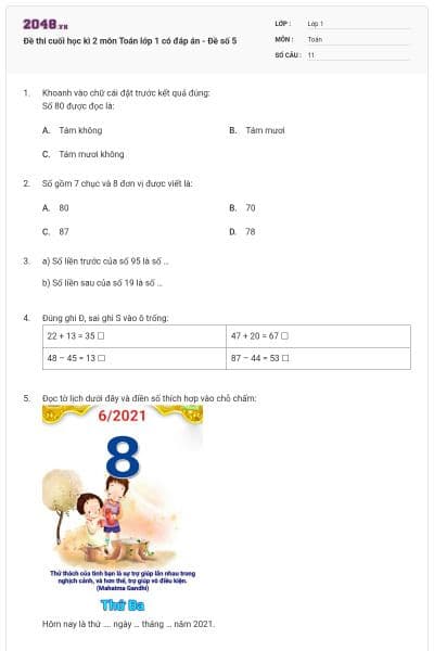 Đề thi cuối học kì 2 môn Toán lớp 1 có đáp án - Đề số 5