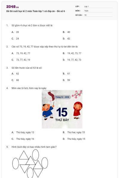 Đề thi cuối học kì 2 môn Toán lớp 1 có đáp án - Đề số 6