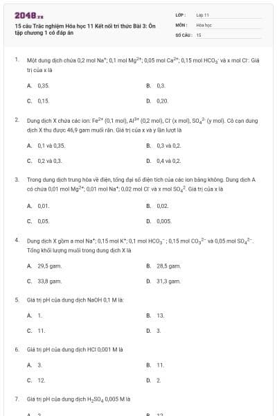 15 câu Trắc nghiệm Hóa học 11 Kết nối tri thức Bài 3: Ôn tập chương 1 có đáp án