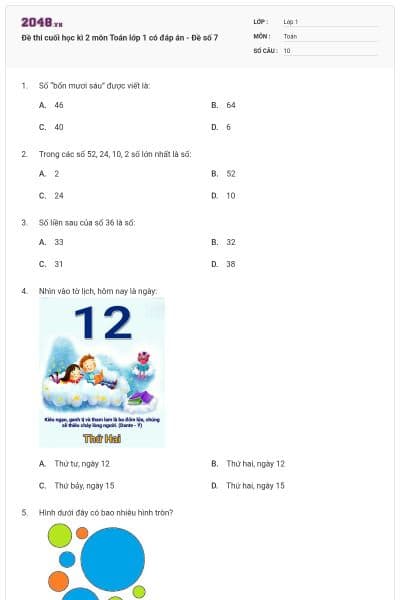 Đề thi cuối học kì 2 môn Toán lớp 1 có đáp án - Đề số 7