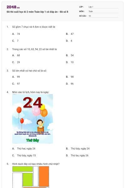 Đề thi cuối học kì 2 môn Toán lớp 1 có đáp án - Đề số 8