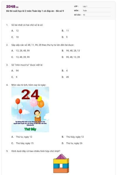 Đề thi cuối học kì 2 môn Toán lớp 1 có đáp án - Đề số 9