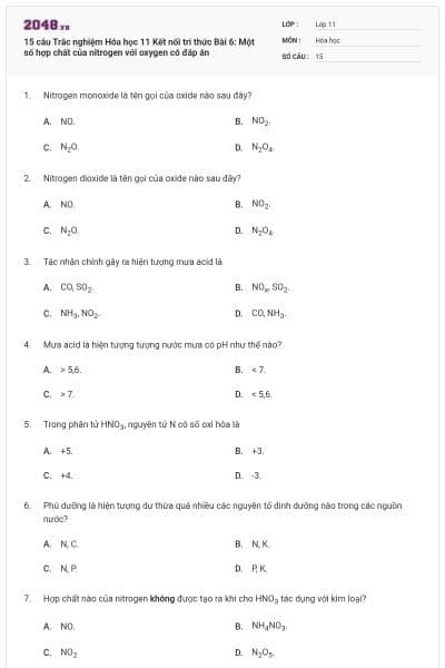 15 câu Trắc nghiệm Hóa học 11 Kết nối tri thức Bài 6: Một số hợp chất của nitrogen với oxygen có đáp án